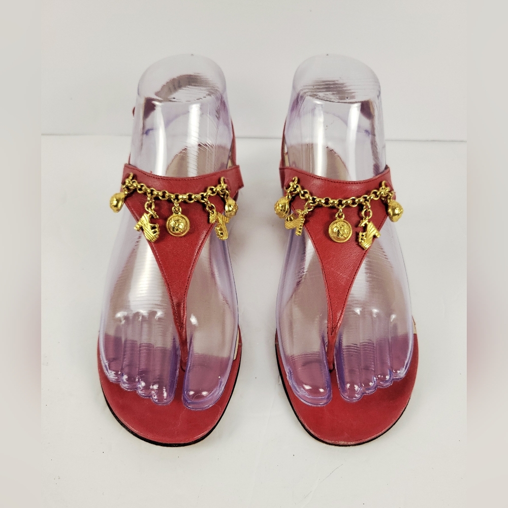Ferragamo Boutique Vintage Women's T-Strap Sandals with Gold Charm Chain